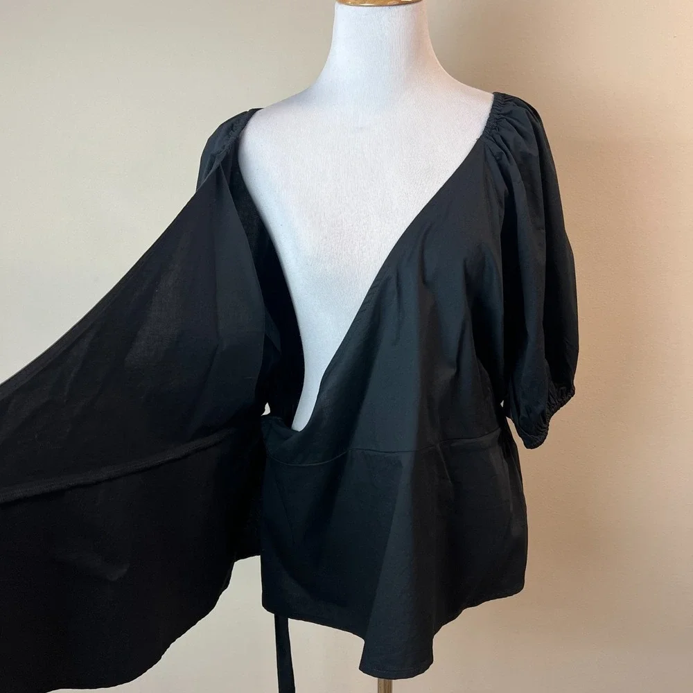 Old Navy Wrap Top Womens XL Black Puff Sleeve Smocked V-Neck Blouse Feminine New